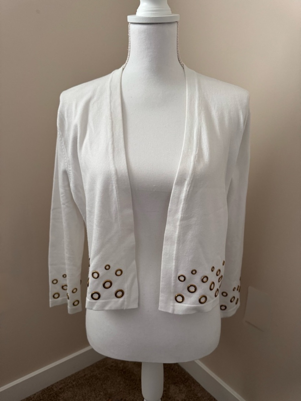 Calvin Klein White Open Front Crop Cardigan with Gold Eyelet Detail
